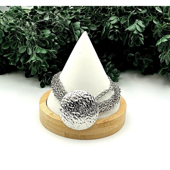 Silver Tone Multi-Strand Chain Bracelet With Hammered Circular Disc Pendant - Picture 2 of 6